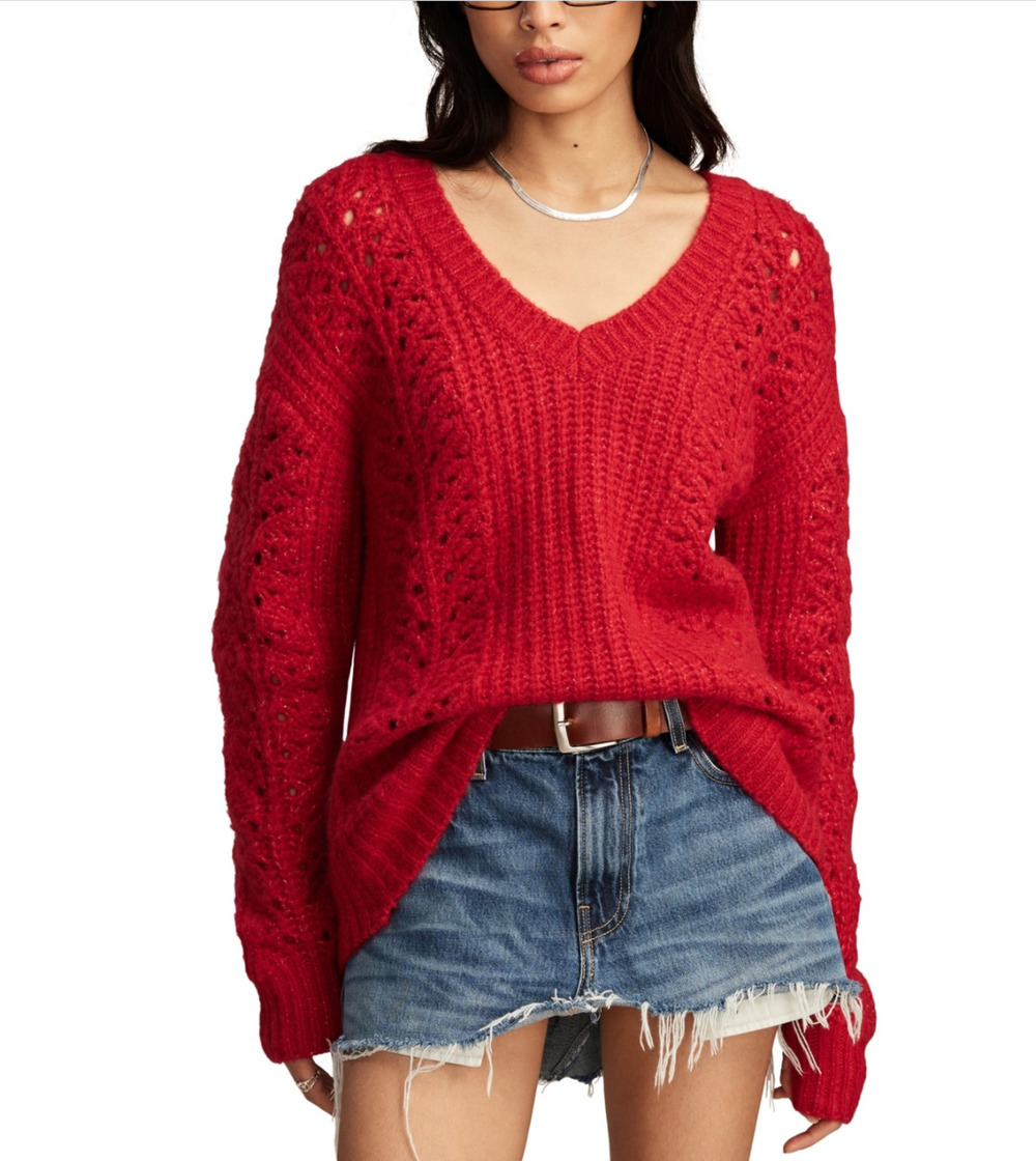 Lucky Brand Women V-Neck Pointelle Cable Pullover Jester Red Size XS